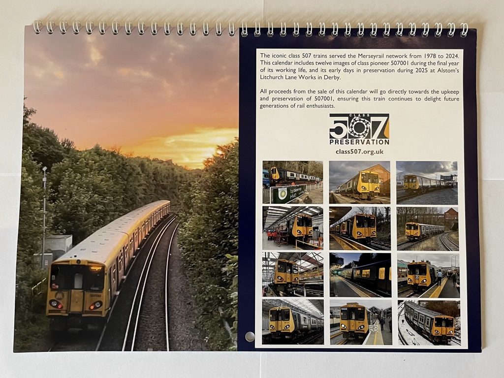 Back cover of calendar showing an image of a 507 heading off into a sunset, with 12 thumbnail images of each calendar page.