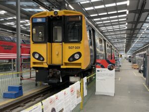 507001 at the depot with information boards outside